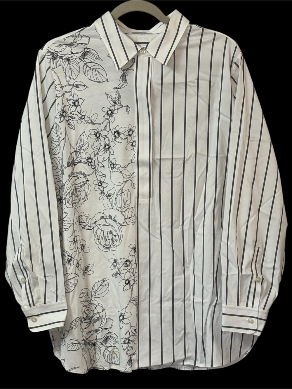 Chicos Mixed Media Tunic Top PopOver Black White Stripe Floral Long Sleeve Sz 3